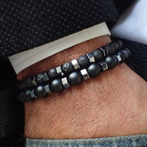 Men's Beaded Bracelet With Frosted And Volcanic Stones