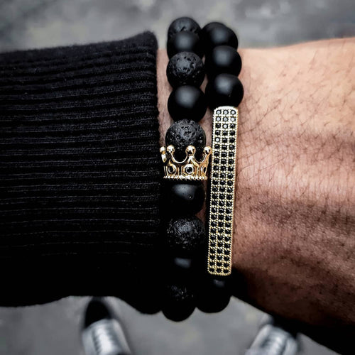 Men's Beaded Bracelet With Frosted And Volcanic Stones